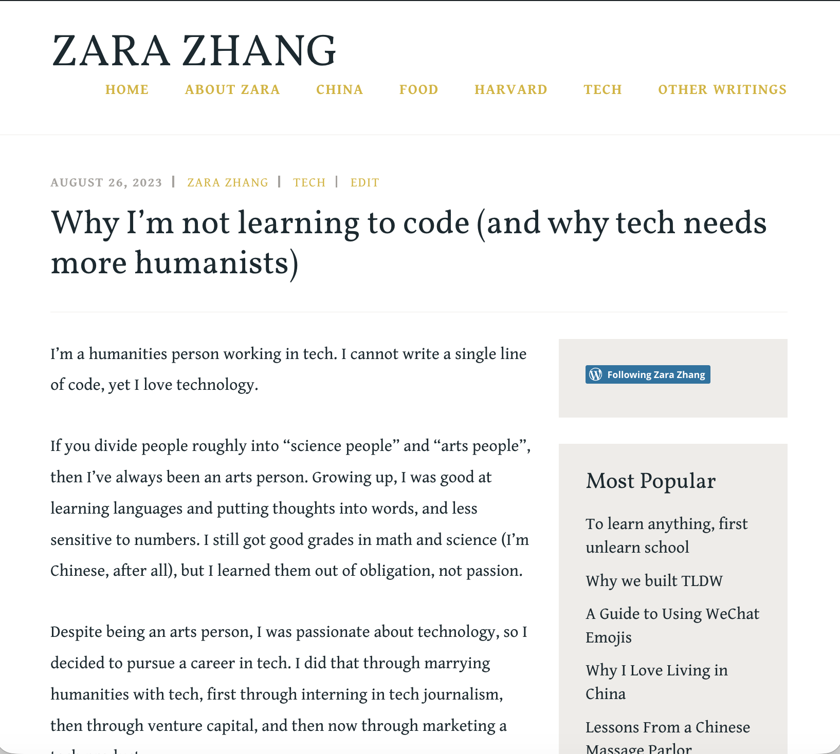 Blog screenshot: why I am not learning to code